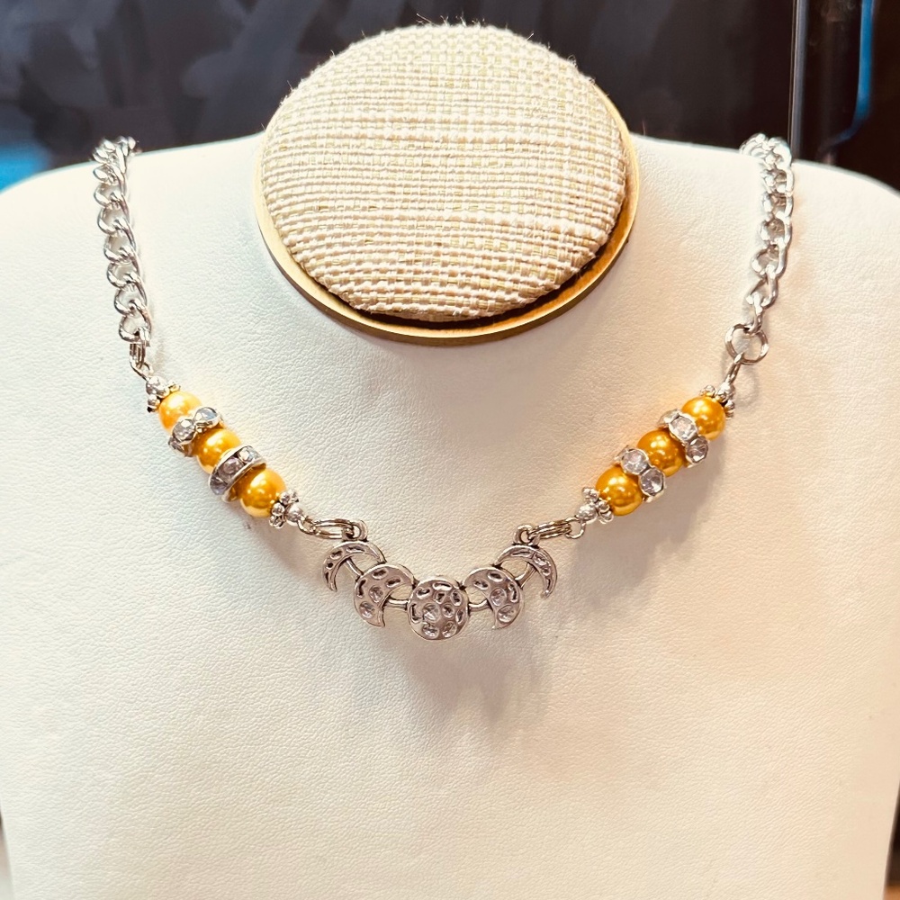 Silver Tone Link Chain w/Moon Phases & Yellow Beads w/Crystal Rondelles HandMade